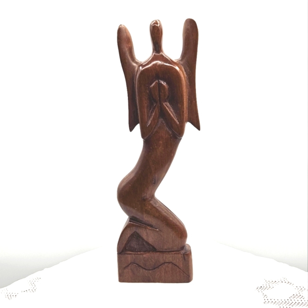 Vintage‎ Hand Carved Wood Kneeling Angel Figurine Minimalist Praying Statue 12in